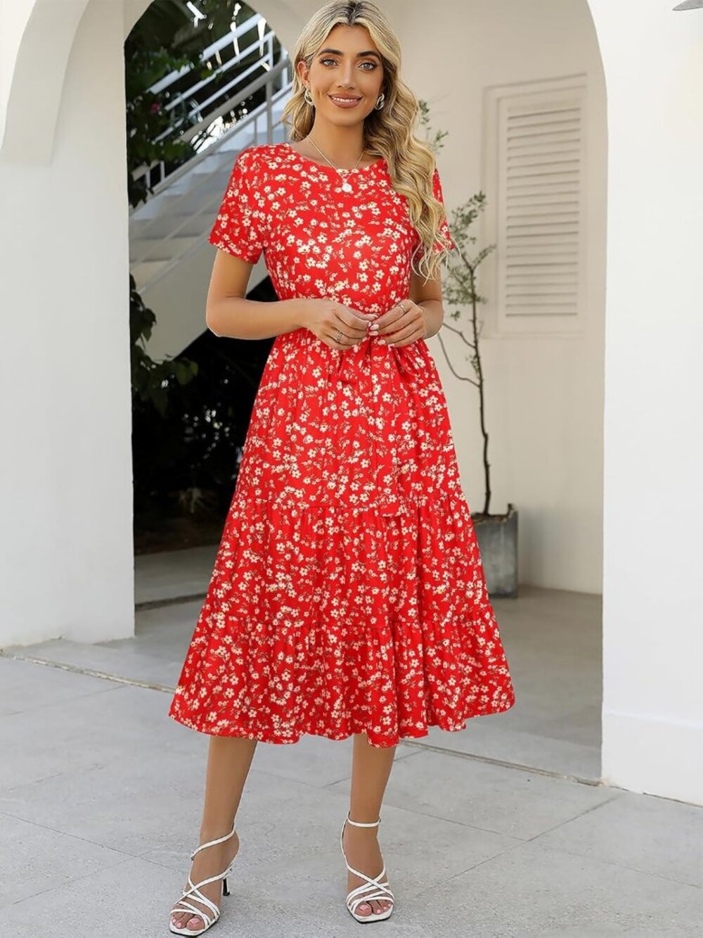 Women's Red Floral Tiered Short Sleeve Belted Pocket Ruffle Midi Maxi Dress - Picture 4 of 6